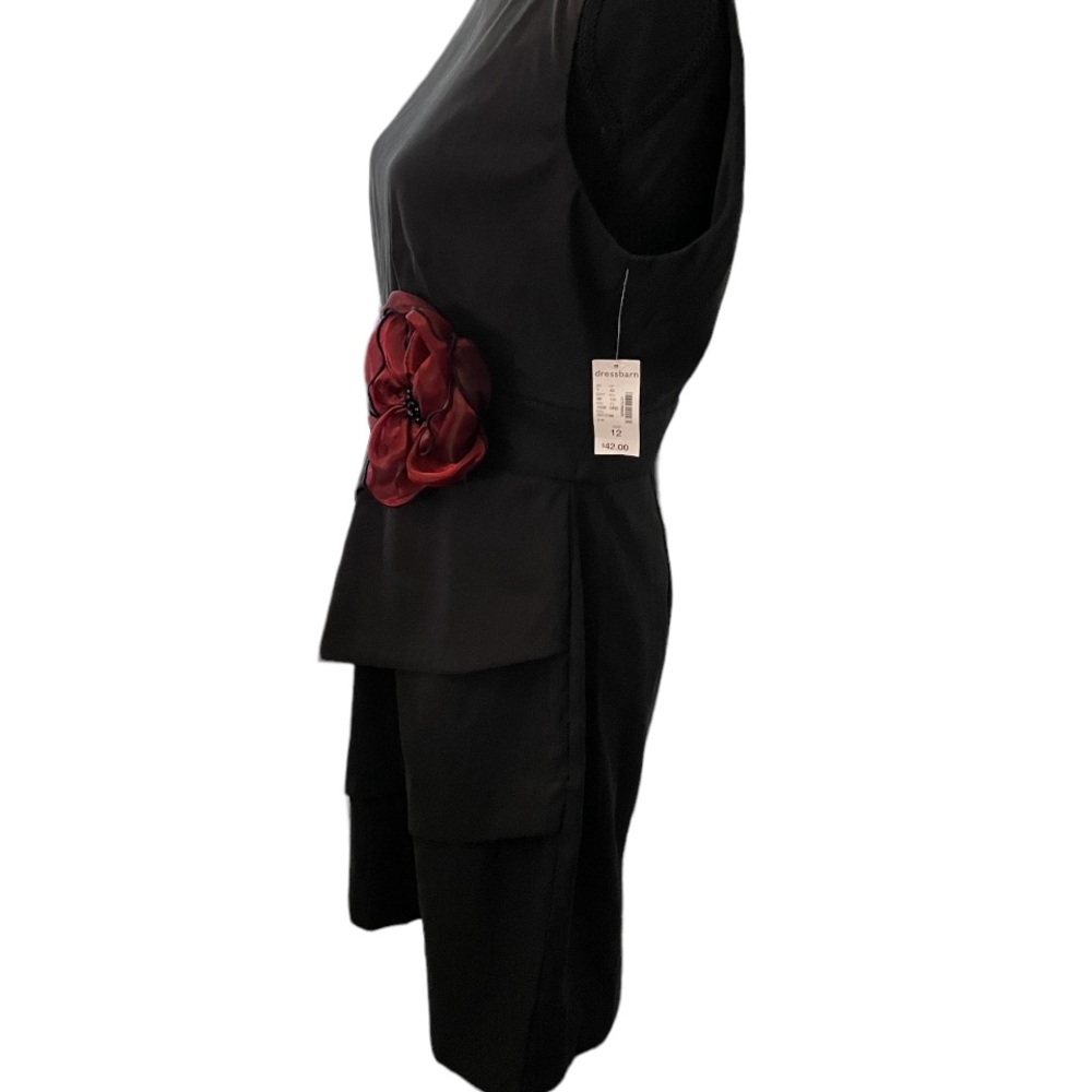 DressBarn Collection Black Cocktail Dress Large Red Rosette Flower Size 12 - Picture 3 of 6